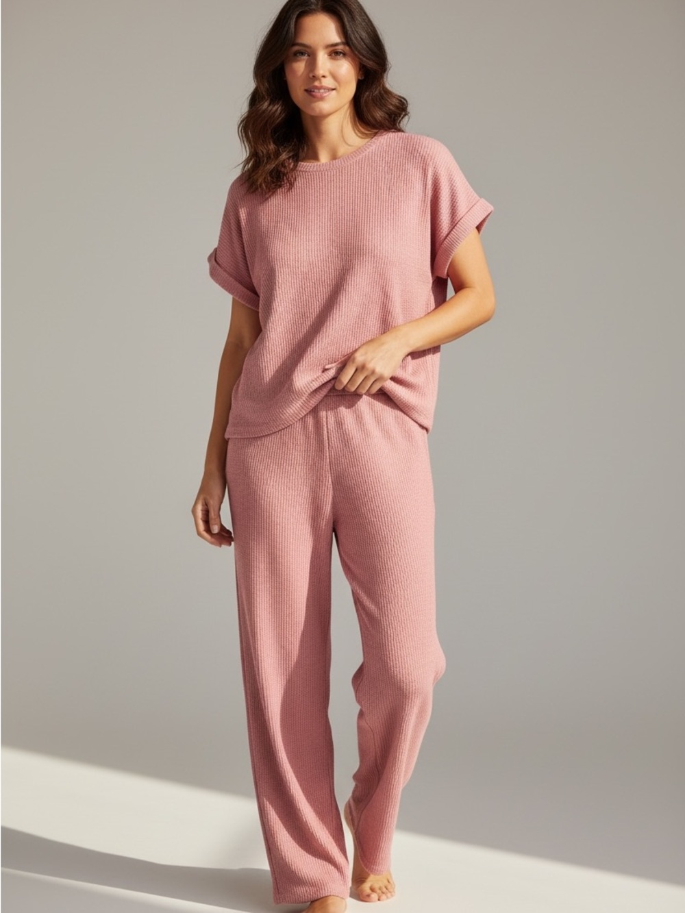 Zenana Waffle Knit Short-Sleeve pant Set in Dusty Rose size Large